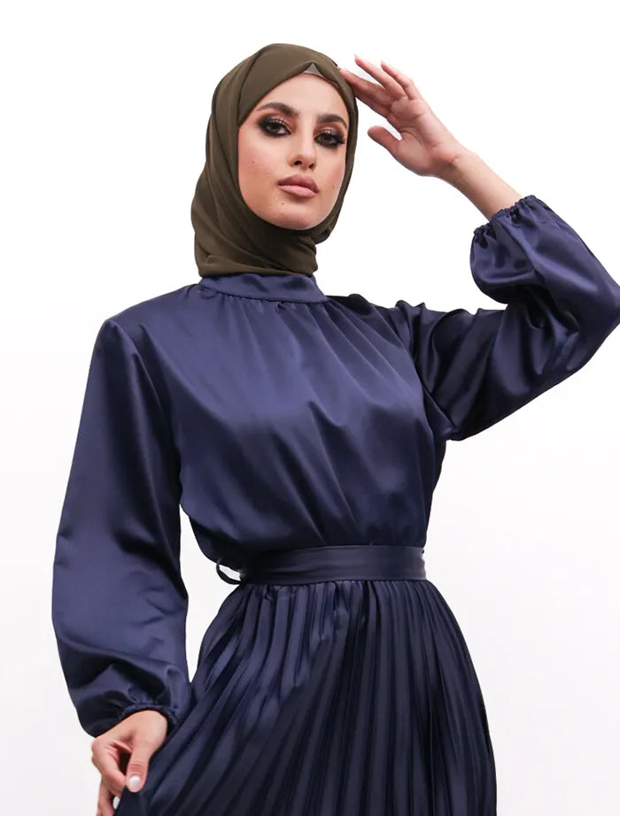 Navy Satin Pleat Maxi
