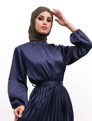 Navy Satin Pleat Maxi